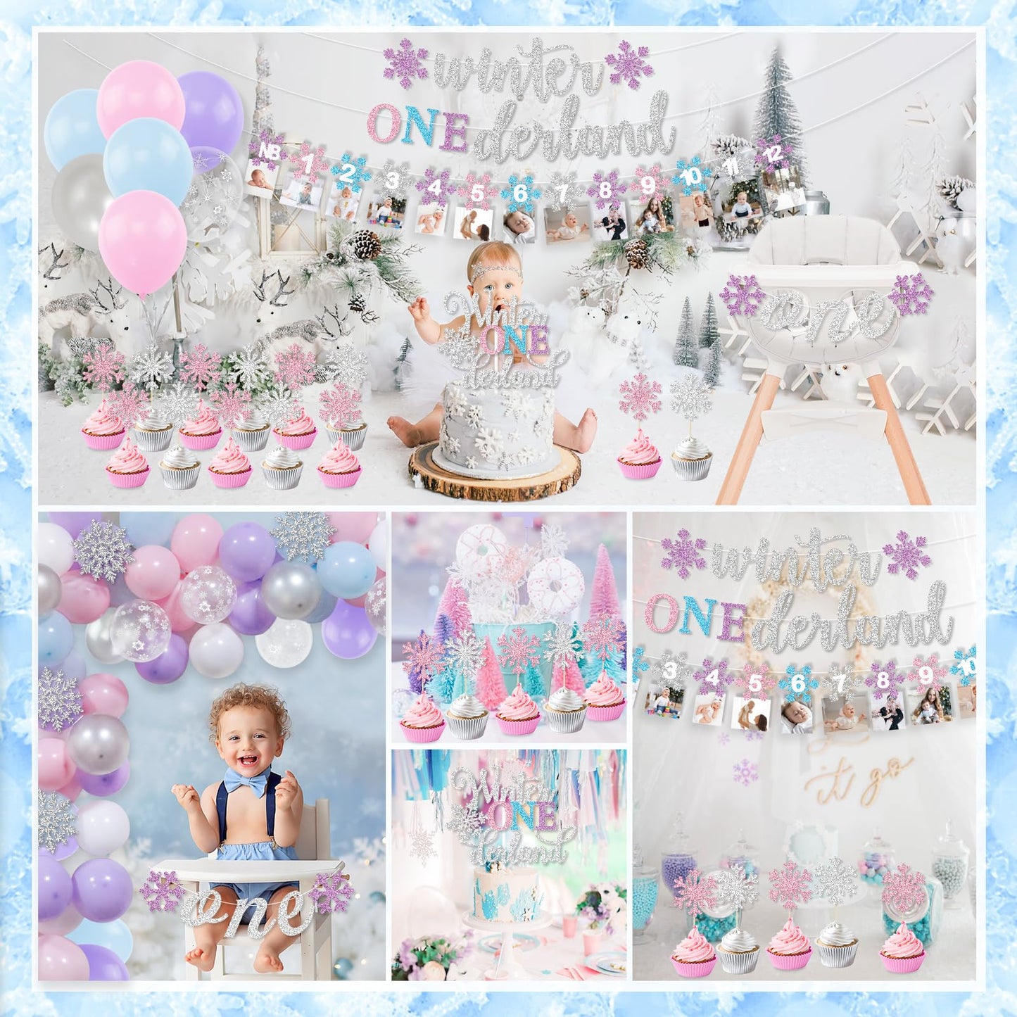Winter Onederland 1st Birthday Decorations Girl, Winter Onederland Banner, Snowflake Photo Garland Highchair Banner Snowflake Balloon Arch Garland for Winter First Birthday Baby Shower Party Supplies