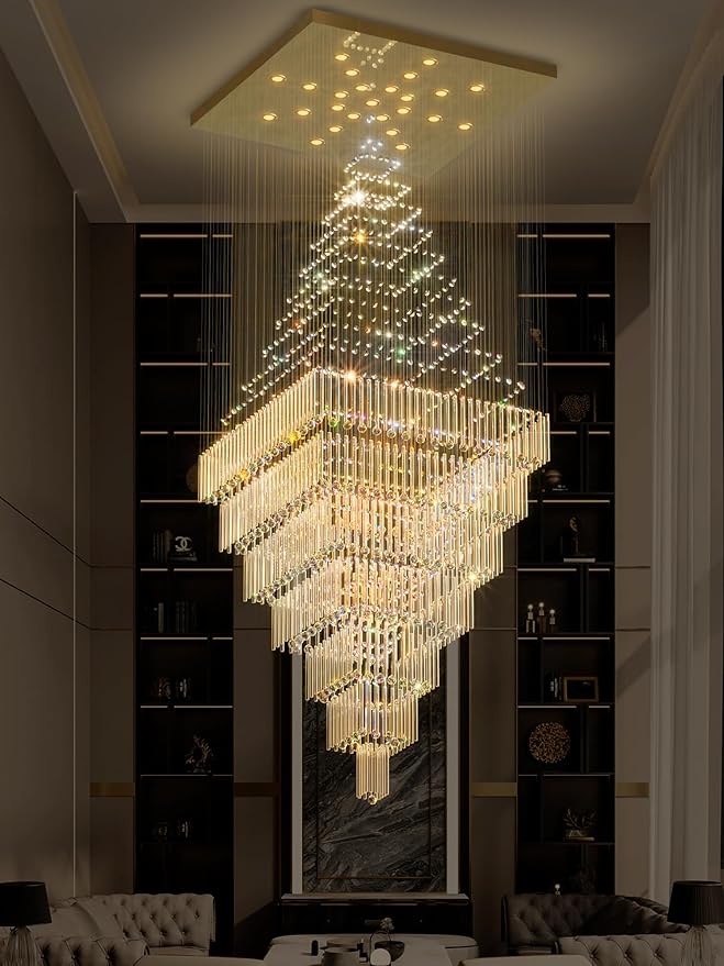 Flashing God D59''X H120'' Extra Large Chandeliers for High Ceilings Crystal Raindrop Gold Chandeliers Large Villa Chandelier Entrance Foyer Crystal High Ceiling Light LED Dimmable 2700K-6000K