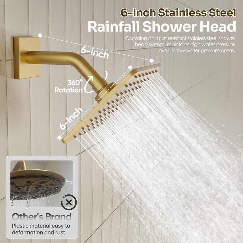 Gold Shower Faucet Set, Brushed Gold Shower System, 10'' Ceiling Shower Head and 6'' Wall Mounted ShowerHead, Dual Gold Shower Head with Handheld Combo, 3 In 1 Push Button Shower Diverter Valve