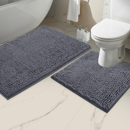 LuxUrux Bathroom Mats 2 Piece Set, Bathroom Rug Set, Soft Absorbent Chenille Bath Mat & Contour Toilet Rug, Non Slip, Quick Dry, Machine Washable Shaggy Bathroom Mats (Gray, 20"x30"+20"x20" U-Shaped)