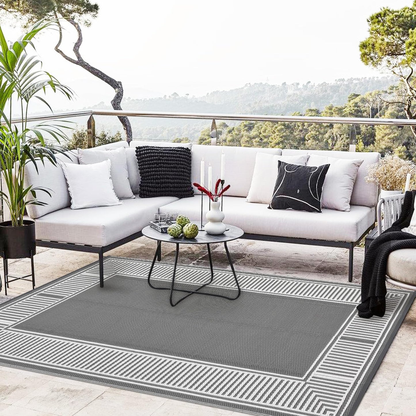 GAOMON Waterproof Outdoor Rug for Patios 9x12 Reversible Plastic Straw Area Rug, Indoor Outdoor Large RV Camping Carpet Mat for Picnic, Backyard, Deck, Balcony, Porch, Beach,Border-Grey