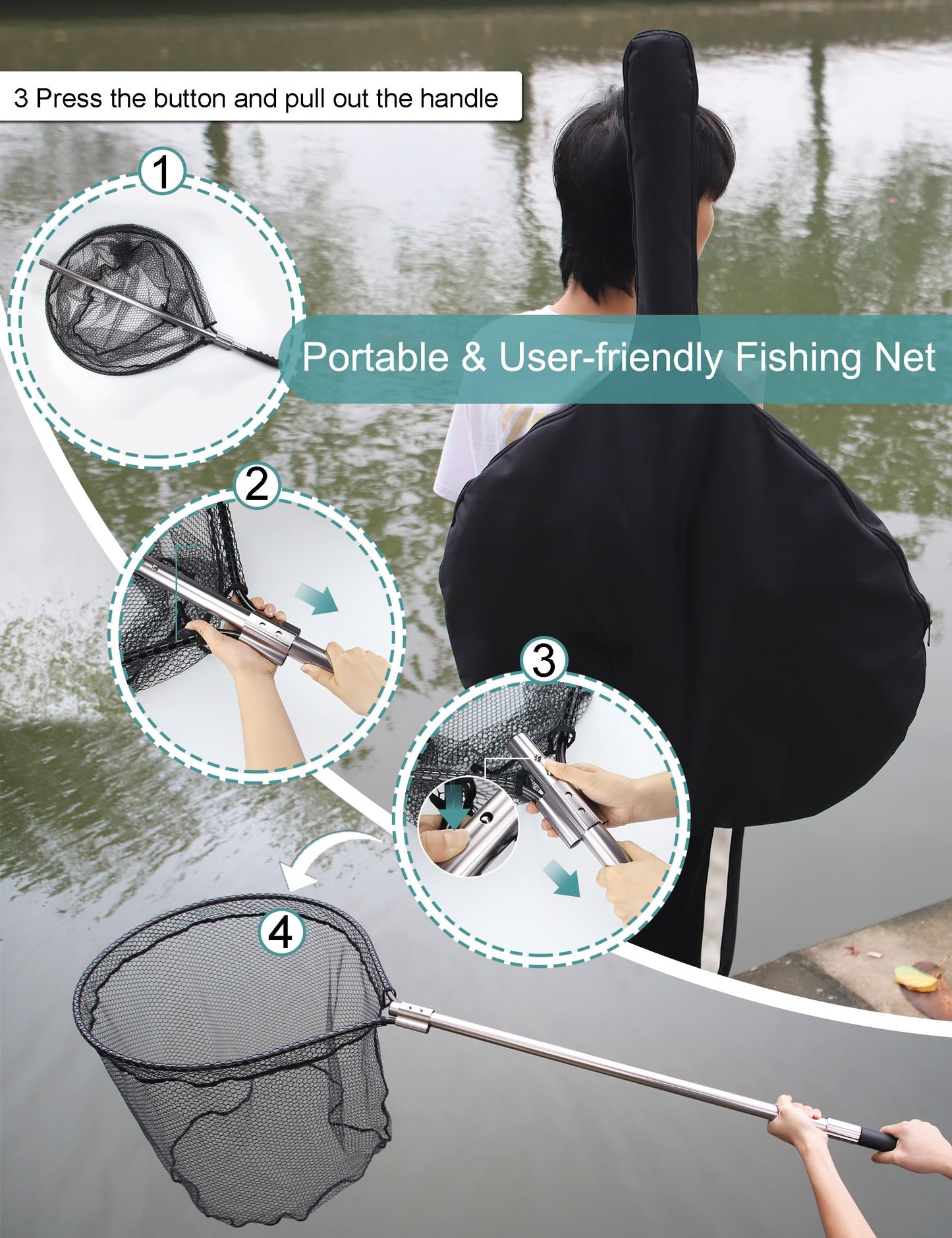 Avlcoaky 94" Telescopic Fishing Landing Net - Heavy-Duty Aluminum Handle with Non-Snag Rubber Coated Mesh, Extra Large Fishing Net for Saltwater Boat Fishing