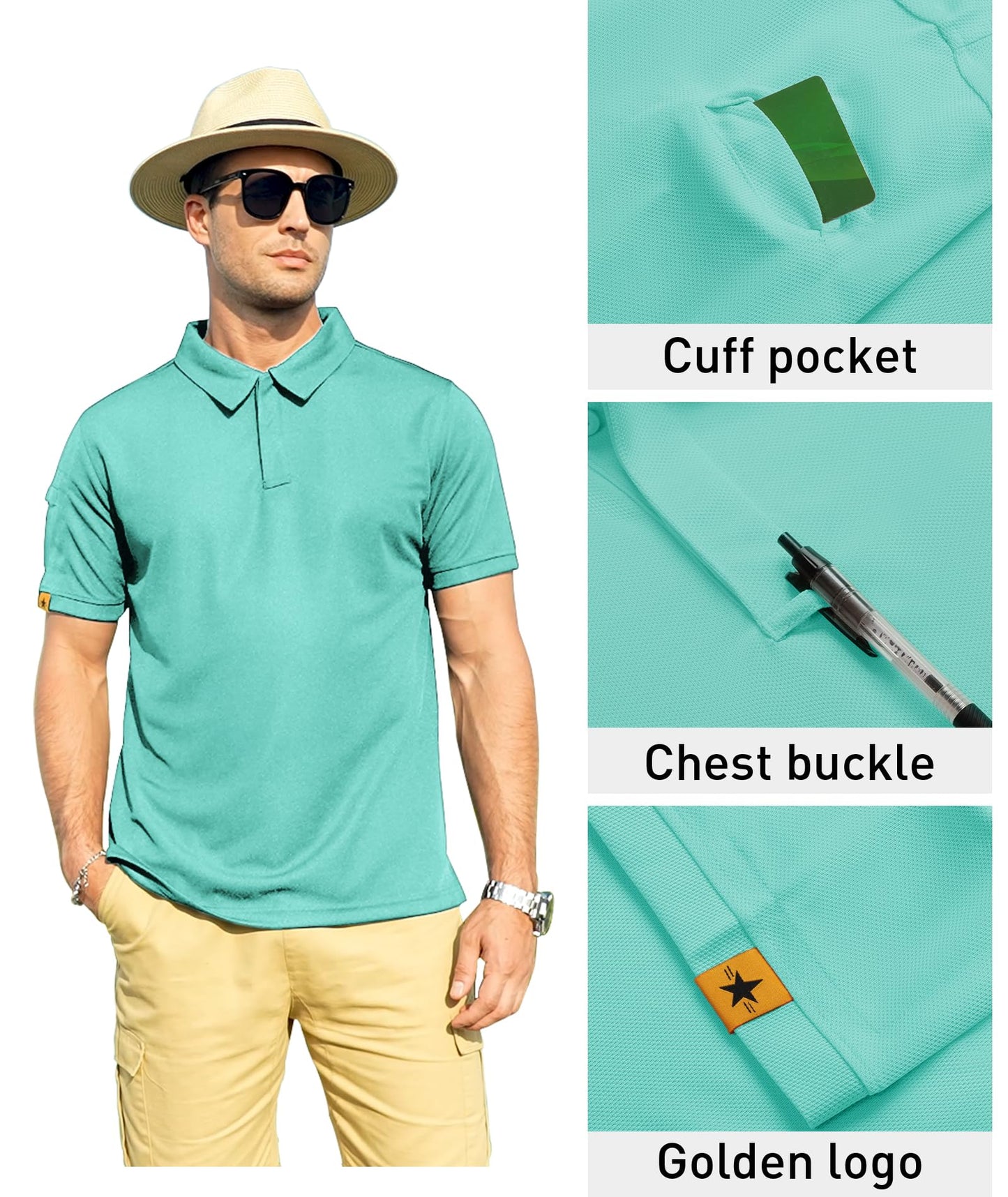 ZITY Mens Polo Shirt Short Sleeve Sports Tactical T-Shirt Athletic Golf Polos Daily Casual Stylish Collared Shirts for Men Turquoise Blue Medium