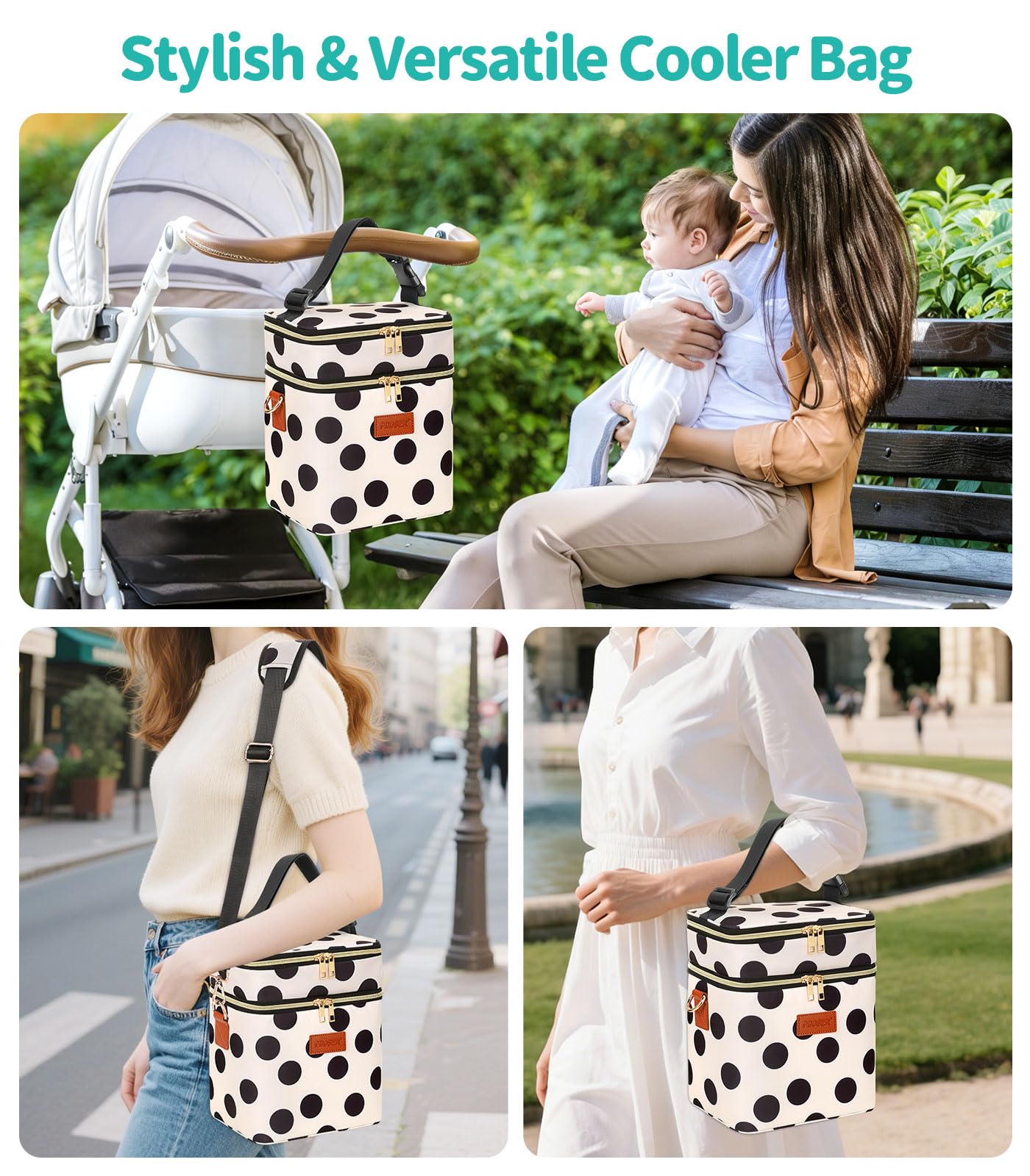 PIIOSER Breastmilk Cooler Bag with Ice Pack, Fits 6 Baby Bottles Up to 9 Oz, Stylish Baby Cooler Travel Bags with Shoulder Strap, Double Layer & Leakproof for Nursing & Working Moms, Black Polka Dots