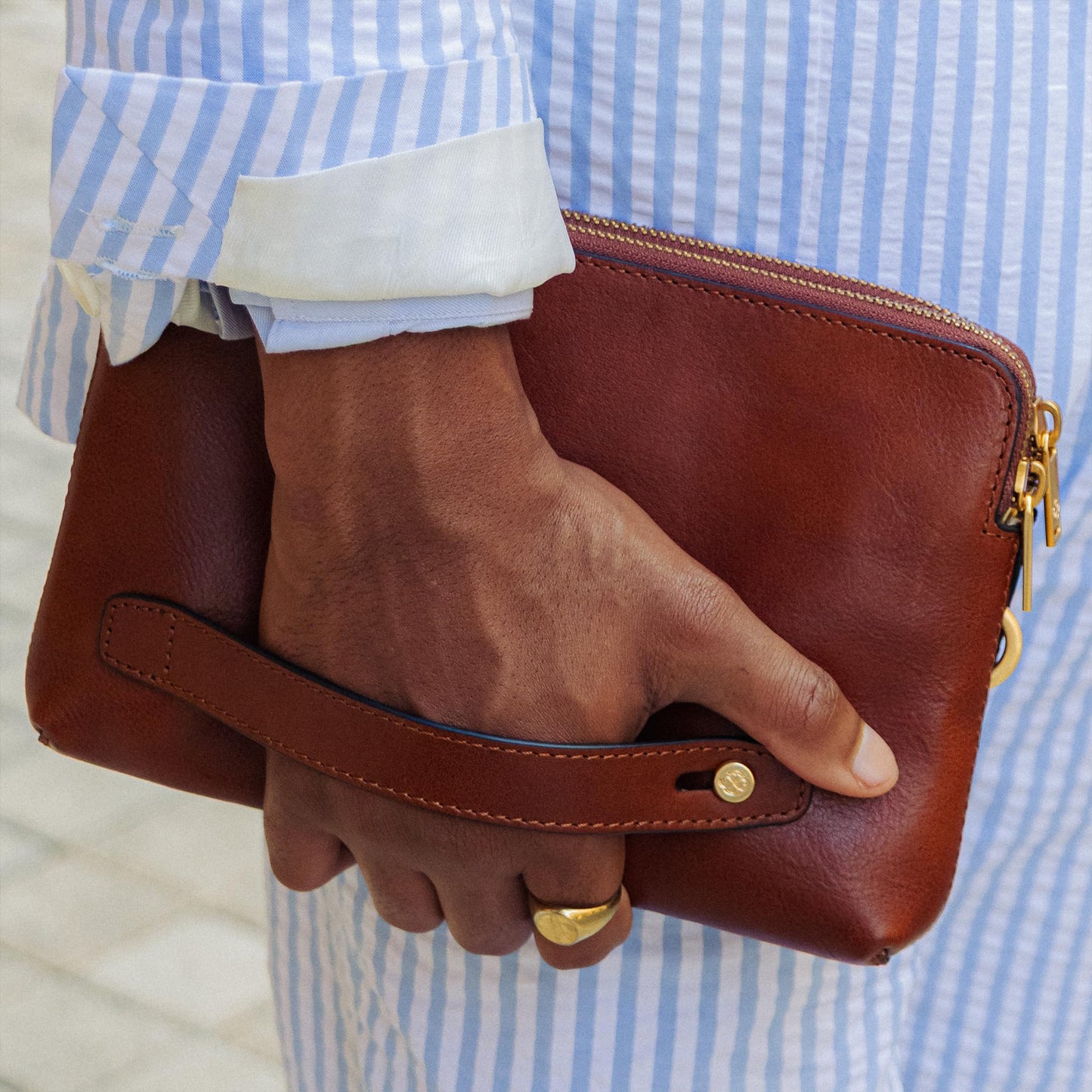 Time Resistance Leather Clutch for Men - Organizer Bag for Men - Wrist Bag - Briefcase Handmade in Italy (Cognac Brown) - Gift Box Included
