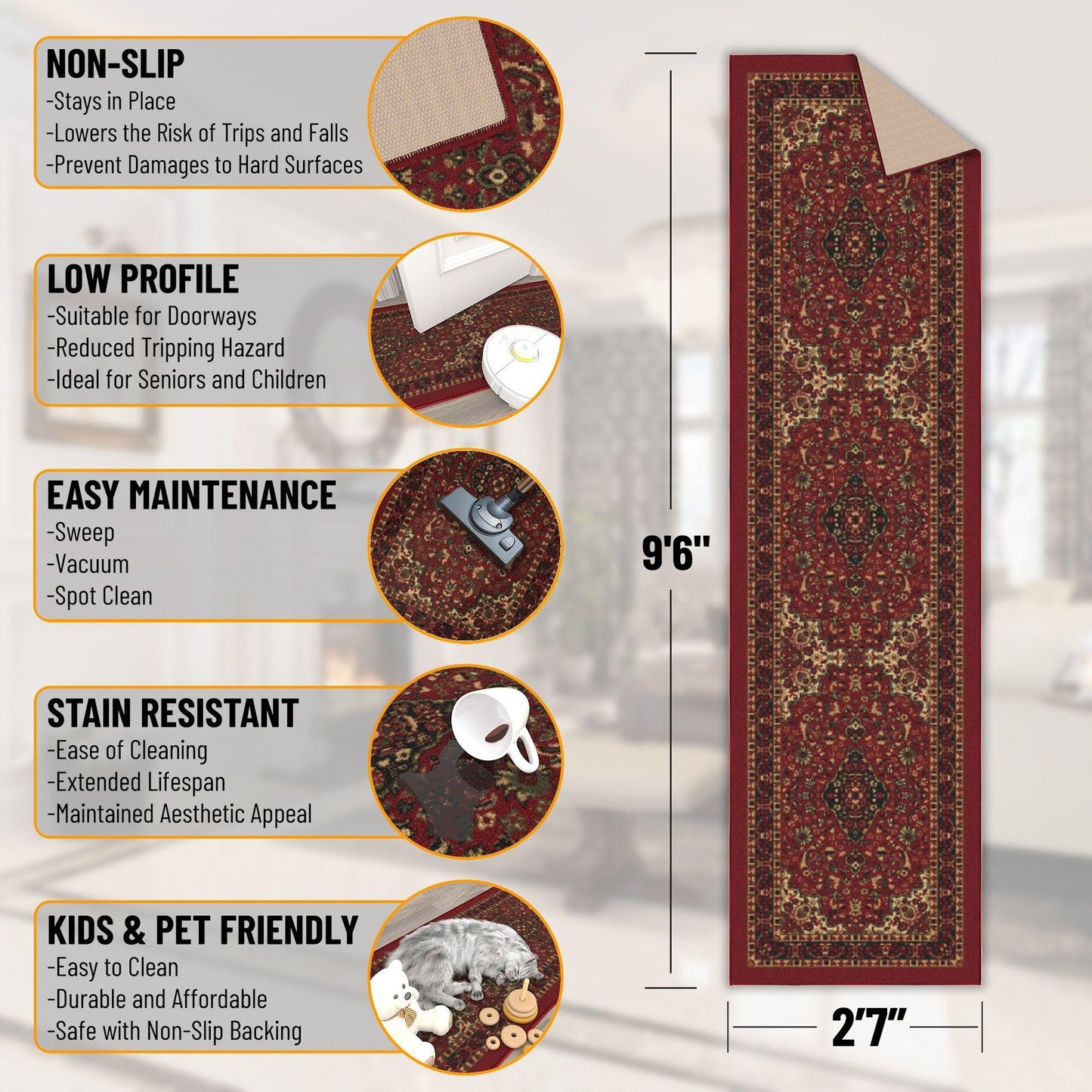 Ottomanson Hallway Runner Rug 2'7" x 9'6" Non Slip Oriental Area Rugs Easy to Clean Laundry Rug Runner Durable & Pet Friendly Floor Carpet Runners for Hallways Entryway Living Room Kitchen, Red