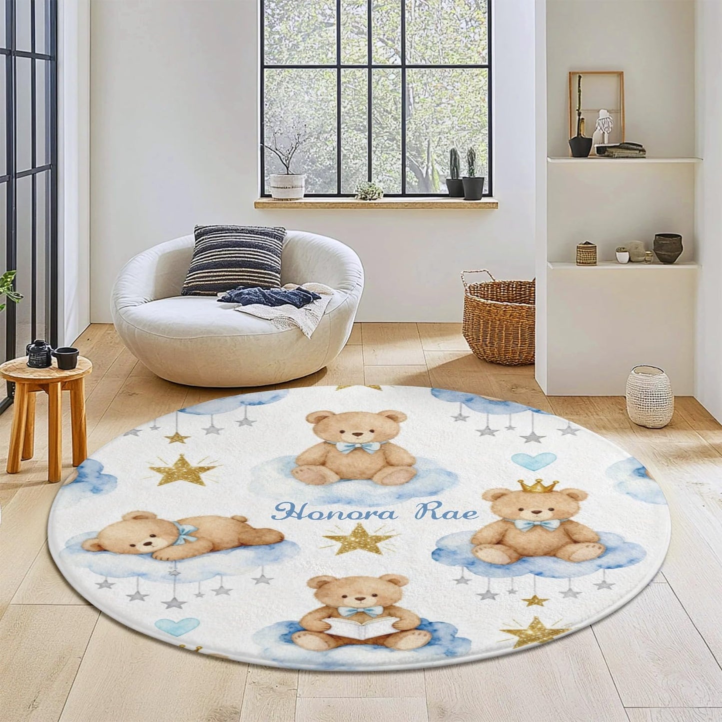 Joyestore Personalized Wise Bears Moon Clouds Stars Custom Round Area Rug Baby Crawling Floor Mats Gifts for Boys Girls Babies with Names Nursery Bedroom Living Room Decor