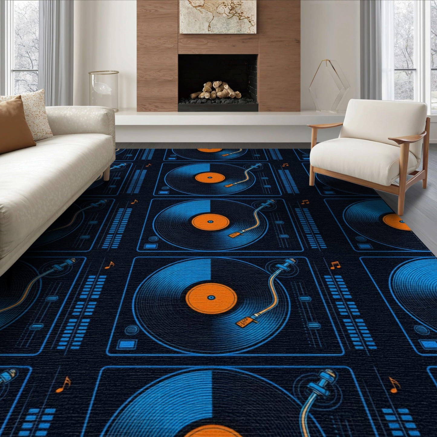 ODIKA 8'x10' Vinyl Record Retro Equalizer Bars Turntable Icons Grooves Disc Cd Refined Washable Area Rug Non-Slip Chair-Friendly for Dining Room, Large Office, Lounge