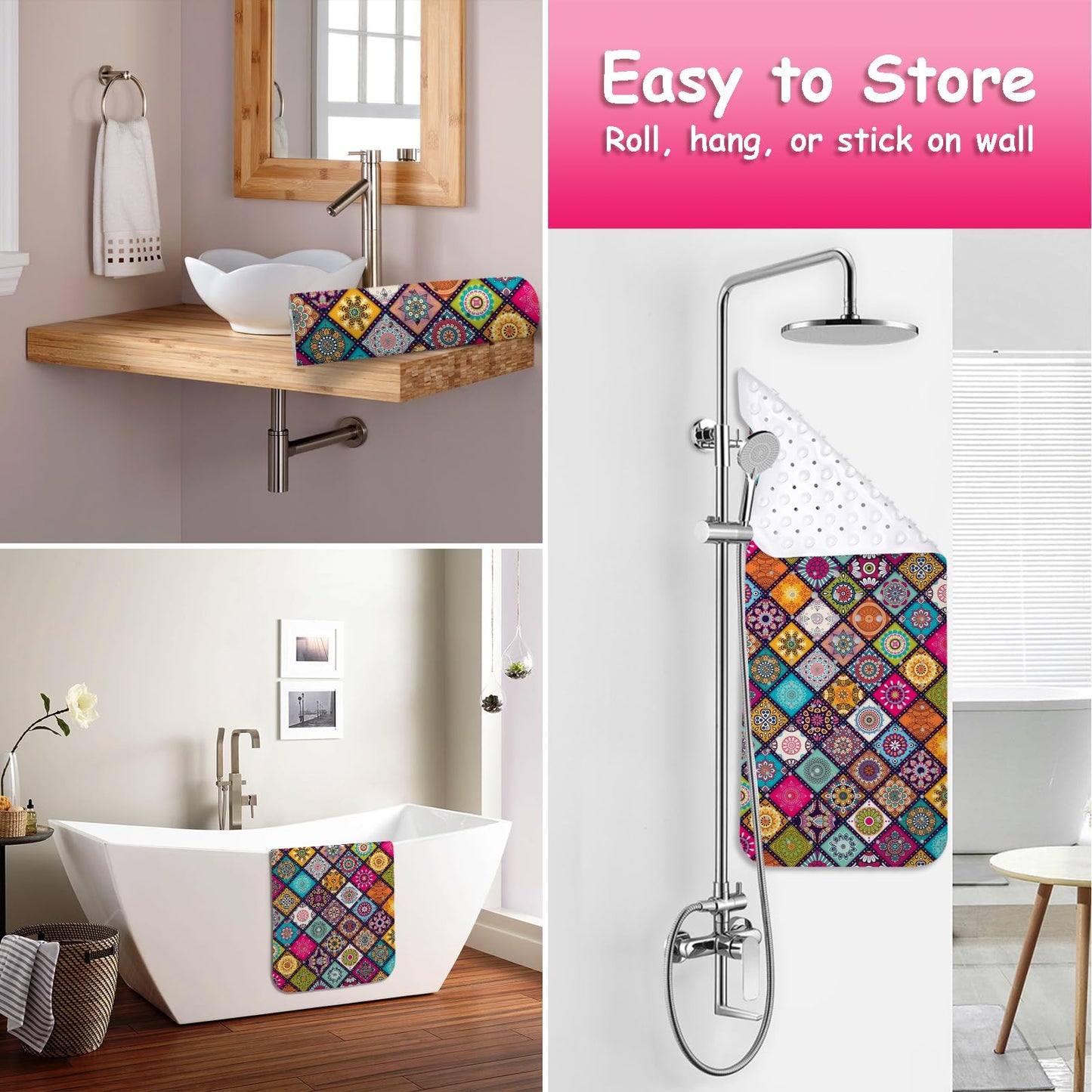 Bathtub Mat Non Slip, Bohemia Extra Long Bath tub Mat Shower Floor Mat with Suction Cups and Drain Holes for Adults Kids Elderly 40 X 16 Inch