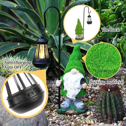 Flocked Solar Garden Gnomes Outdoor Statues 15.8”Outdoor Garden Decor LED Outdoor Decor Light Unique Housewarming Gifts Yard Art Sculptures for Patio Lawn Ornaments