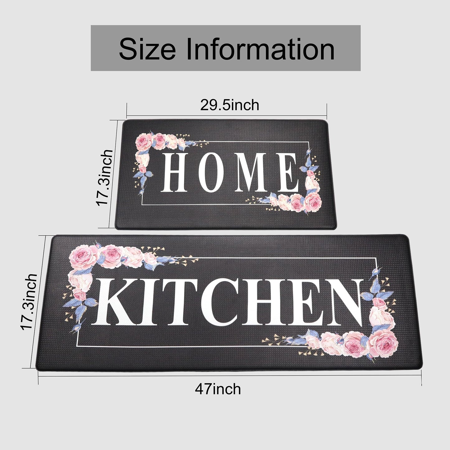 Floral Kitchen Mat Sets 2PCS Non Skid Waterproof Kitchen Rugs and Runner Sets Cushioned Anti-Fatigue Comfort Mat for Home,Office Memory Foam Kitchen Rug, 17.3"x30"+17.3"x47", Black/Pink