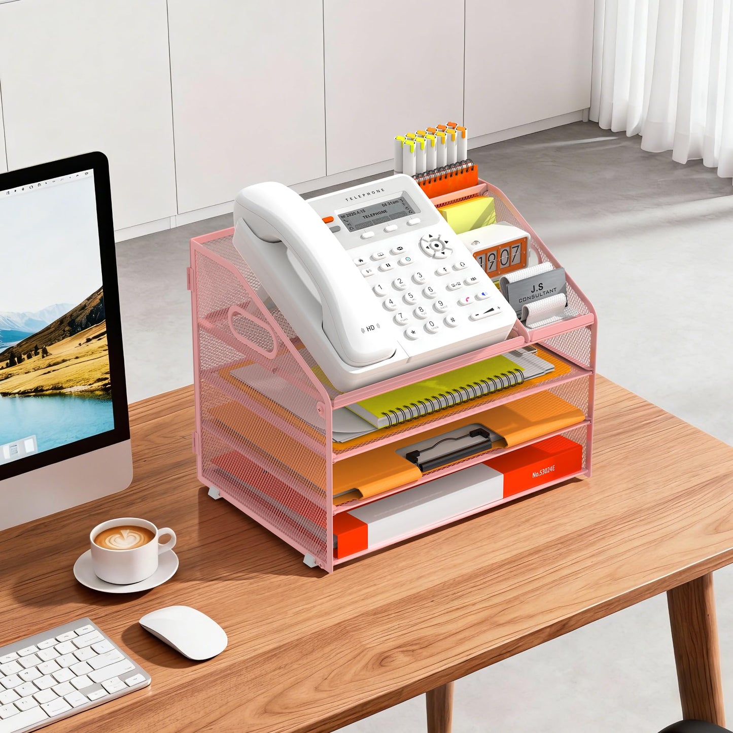 DocNest 4 Tier Metal Mesh Letter Tray - Space Saving Desk File Organizer with Handle, Pen Holder & Folder Holder - Desktop Document Sorter for Office, Home, School, Classroom - Pink