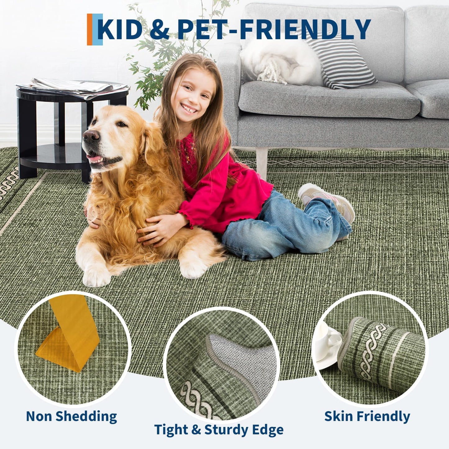 MilleLoom Large Area Rug 9x12 Scalloped Rug Machine Washable Non Slip Carpet Farmhouse Non-Shedding Neutral Floor Mat Indoor Soft Low Pile Foldable Rugs for Living Room Bedroom Dining Room Dorm Green