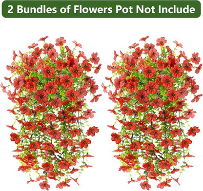 Artificial Fake Hanging Flowers Plants for Outdoor Spring Decorations, 2PCS Faux Daisy Silk Flower Outside No Fade UV Resistant Realistic Home Decor for Porch Patio Window Box (ChujuDH-Red