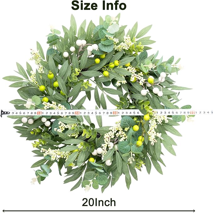 Door Wreath Green Eucalyptus for Front Door Wreaths Spring Summer Olive Wreath Artificial Leaves Mixed Berry Wreaths for All Season Home Farmhouse Porch Year Round Outdoor Wall Decorating,18-20 Inch