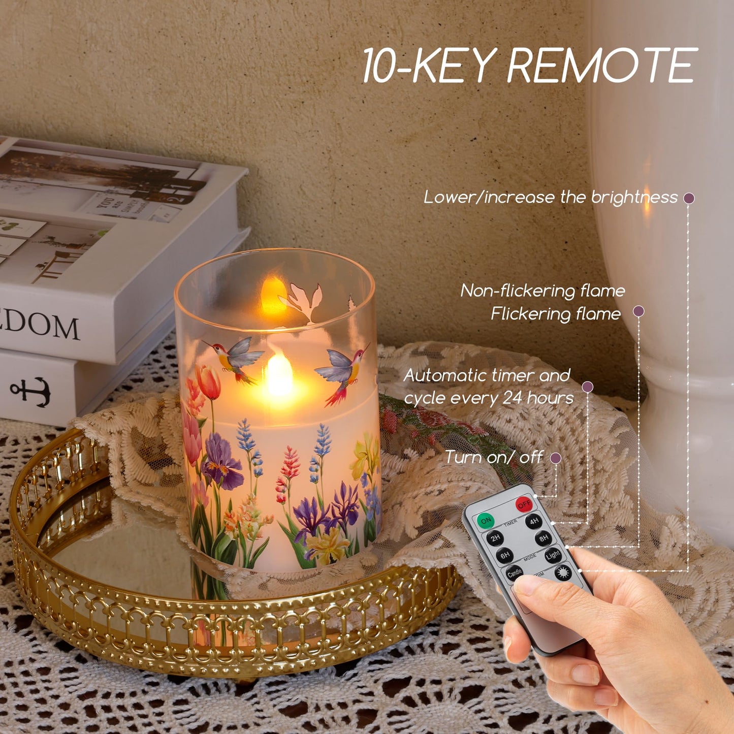 AFINETH Glass Flameless Candles with Remote, Hummingbird Floral Battery Operated Candles, Flickering LED Pillar Candle for Wedding, Home, Party Gift, Set of 3