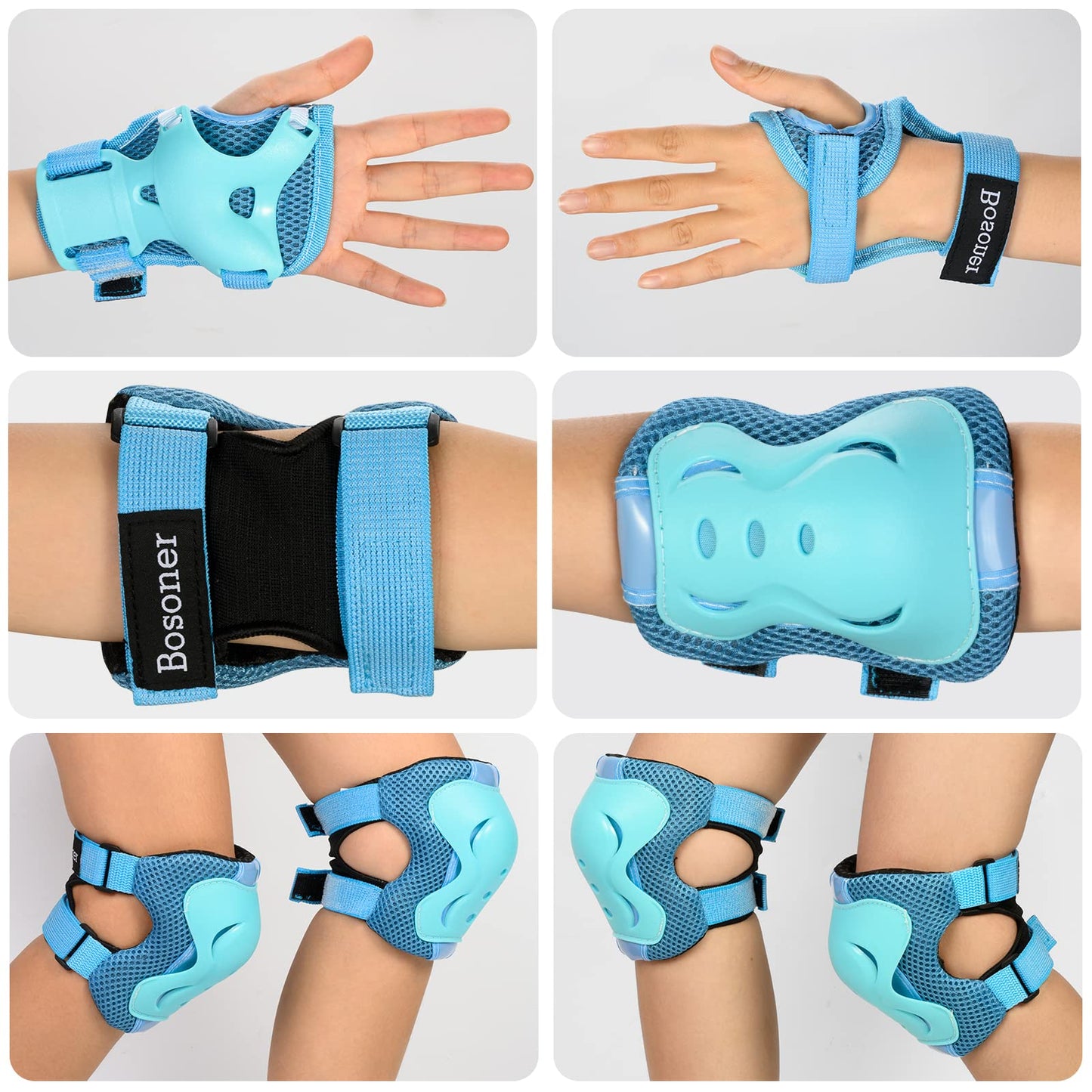 BOSONER Kids/Youth Knee Pad Elbow Pads Guards Protective Gear Set for Roller Skates Cycling BMX Bike Skateboard Inline Skatings Scooter Riding Sports Light Blue Medium(9-15 Years)