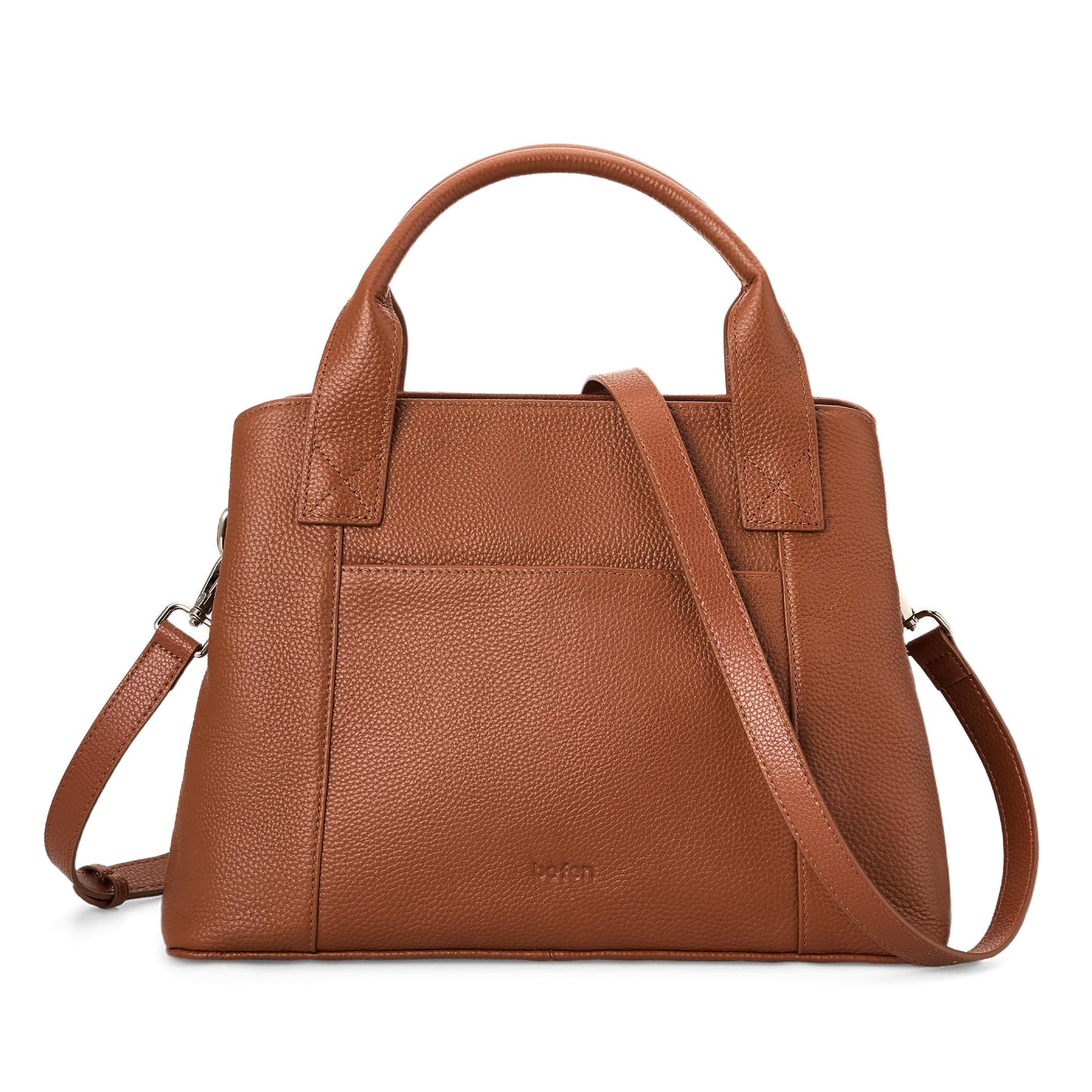befen Womens Genuine Leather Purse and Handbags, Crossbody Shoulder Bags for Women, Small Satchel Tote Bag with Zipper Cognac Brown