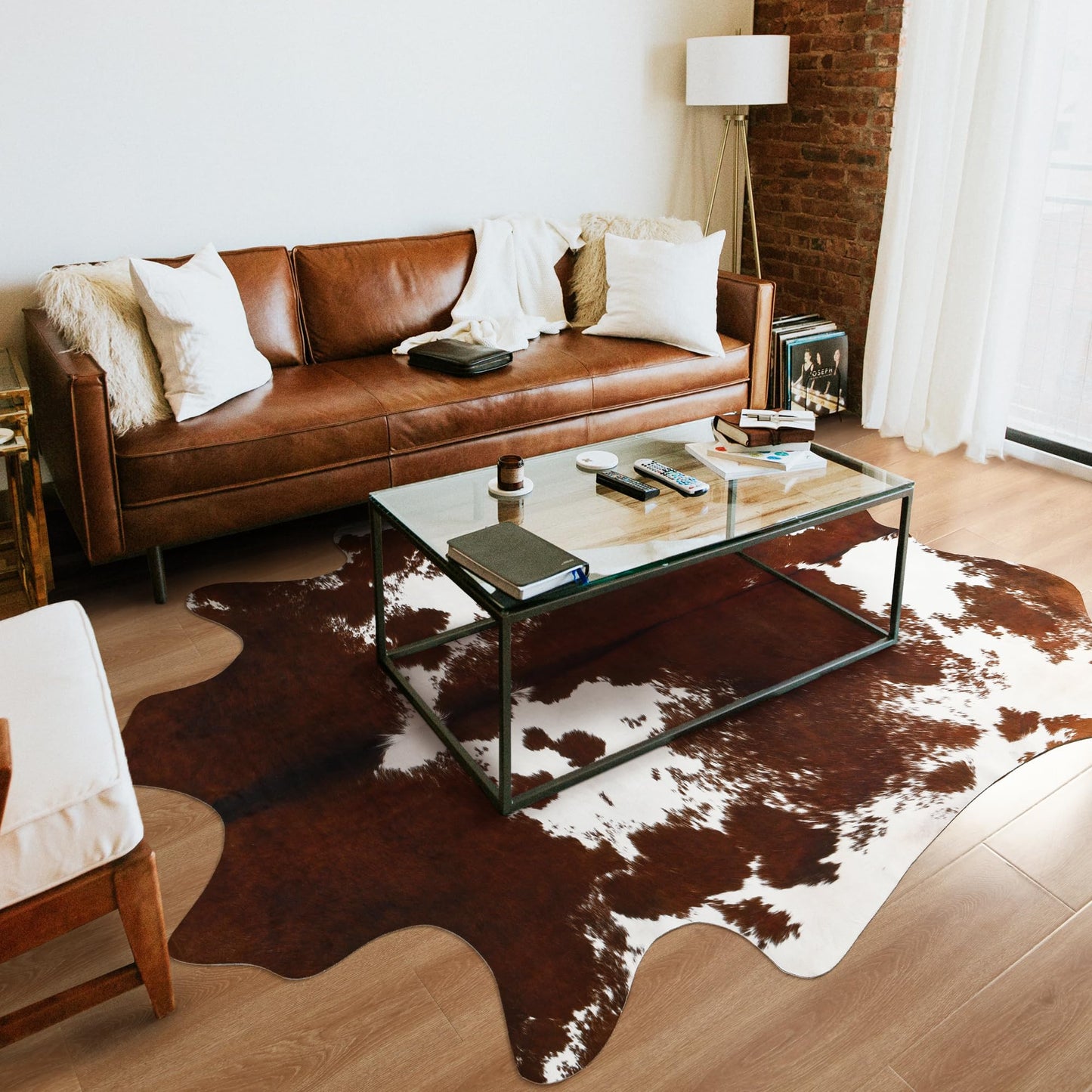 LYENDOS Cowhide Rug 5.2 x 6.3 Feet, Cow Hide Durable No-Slip Backing, Faux Cowhide Thickened Elastic, for Bedroom Living Room Home Office Western Decor