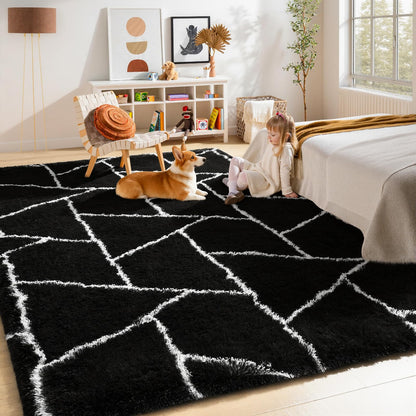 FALARK Fluffy Area Rugs for Living Room Bedroom, Modern Geometric 4x6 Feet Black Rug, Soft Plush Shaggy Fuzzy Floor Bedside Carpet for Nursery Kids Girls Boys Teen Dorm Home Office Decor