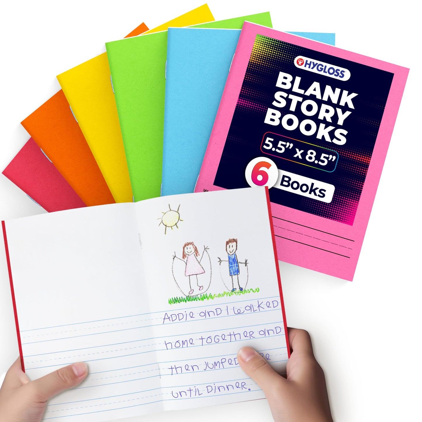 Hygloss Half Blank Books for Kids to Write Stories and Illustrate – Bulk 6 Pack – 5.5" x 8.5" A5 – Small Primary Journal for Grades K-2, Preschool/Kindergarten Notebook with Picture Space – 24 Pages