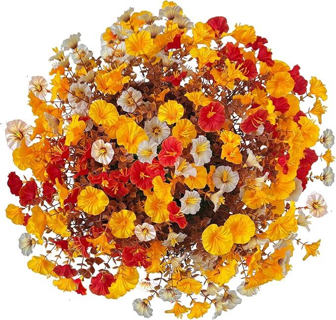 Artificial Fall Flowers with Hanging Baskets Outdoors, Faux mums for Outdoor planters, Fake Mums Petunia Artificial Hanging Plants UV Resistant for Autumn Porch Garden Home Yard Decor (Early Harvest)