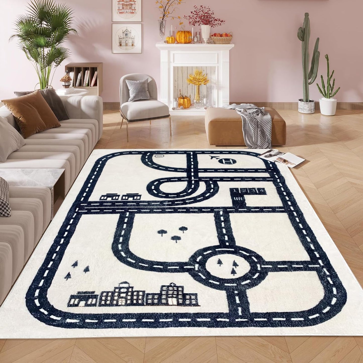 USTIDE Kids Rug City Roads Map Tracks Play Mat for Playing with Cars Soft Non-Slip Traffic Rug for Bedroom Playroom Classroom Nursery Educational Rug, 4x6ft