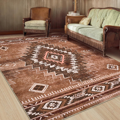 Yinhua Western Living Room Rug 5x7, Moroccan Low-Pile Washable Rug for Bedroom, Aztec Brown Rugs Non Slip with Rubber Backing, Soft Non-Shedding Carpet for Nursery Classroom Office