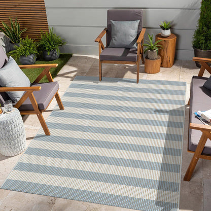LEEVAN Striped Outdoor Rug 4x6, Washable Front Porch Rug, Spring Plaid Door Mats Outside Entrance, Blue White and Tan Entryway Floor Mat, Buffalo Woven Patio Layered Mat for Entrance/Deck/Camping