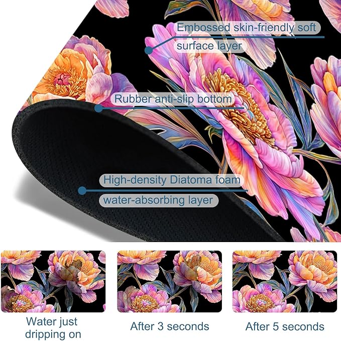 Colorful Peonies Sink Splash Guard Blooming Peonies Faucet Absorbing Mat Fast