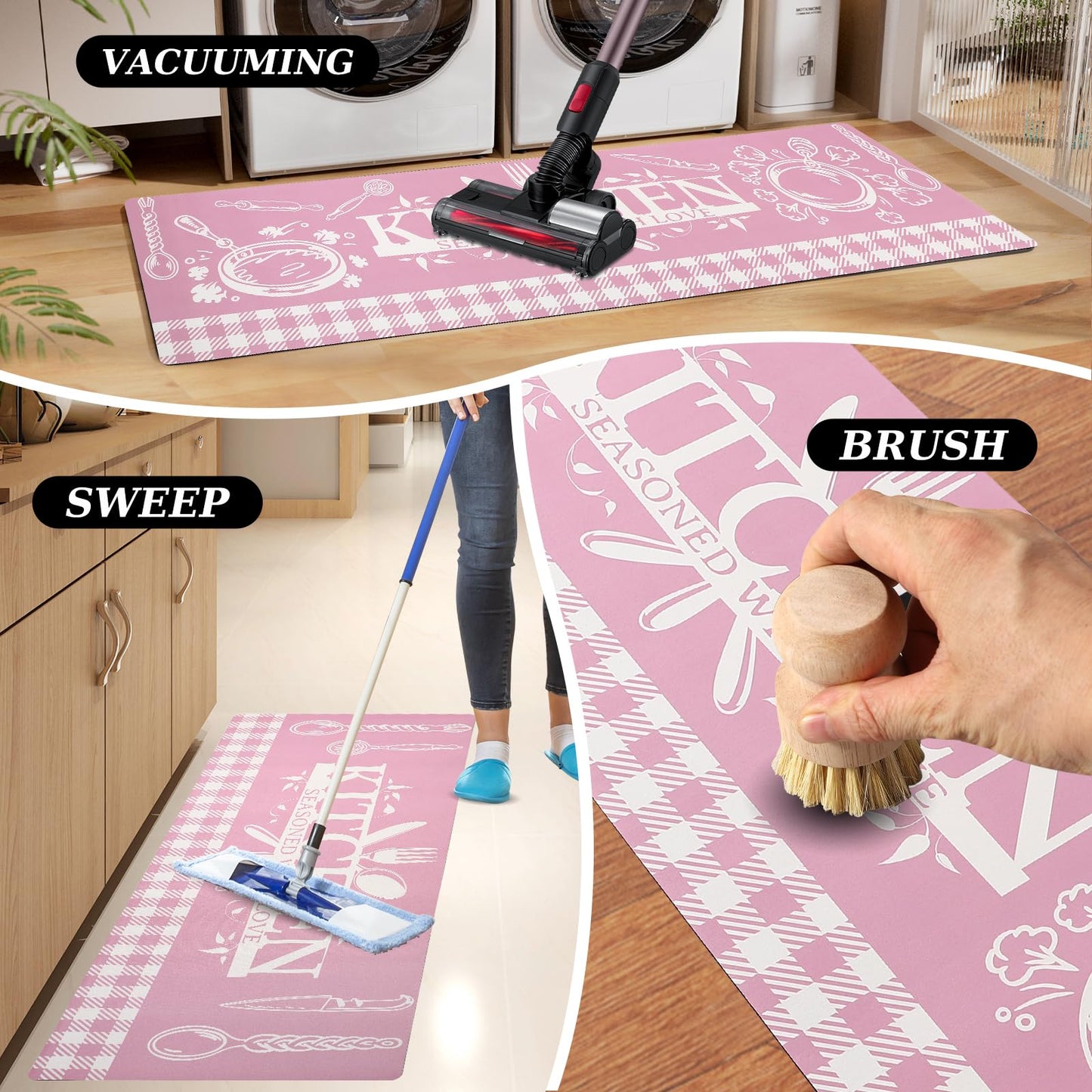 Pink Kitchen Mats for Floor, 3 Pieces Non Slip Cushioned Kitchen Runner Rugs with Grid Design, Waterproof Comfort Mat Farmhouse Chef Runners Carpet for Sink, Bathroom