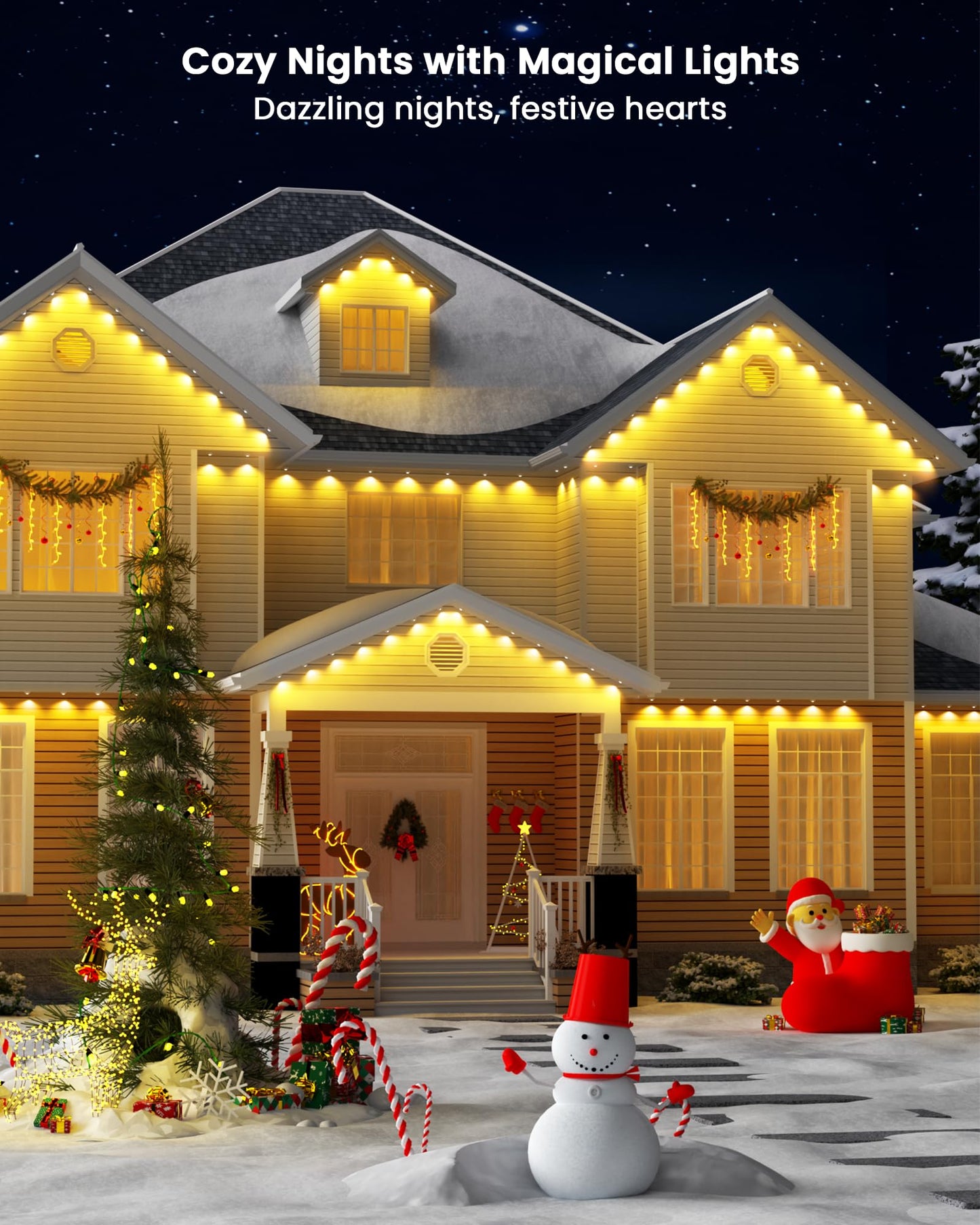 Gefolly Permanent Outdoor Lights Pro, 100ft with 60 RGBW Double-LED Lights 111 Scene Modes for Daily, Halloween, Christmas, IP67 Waterproof for Outdoor Decor, Works with Alexa, Google Assistant, White