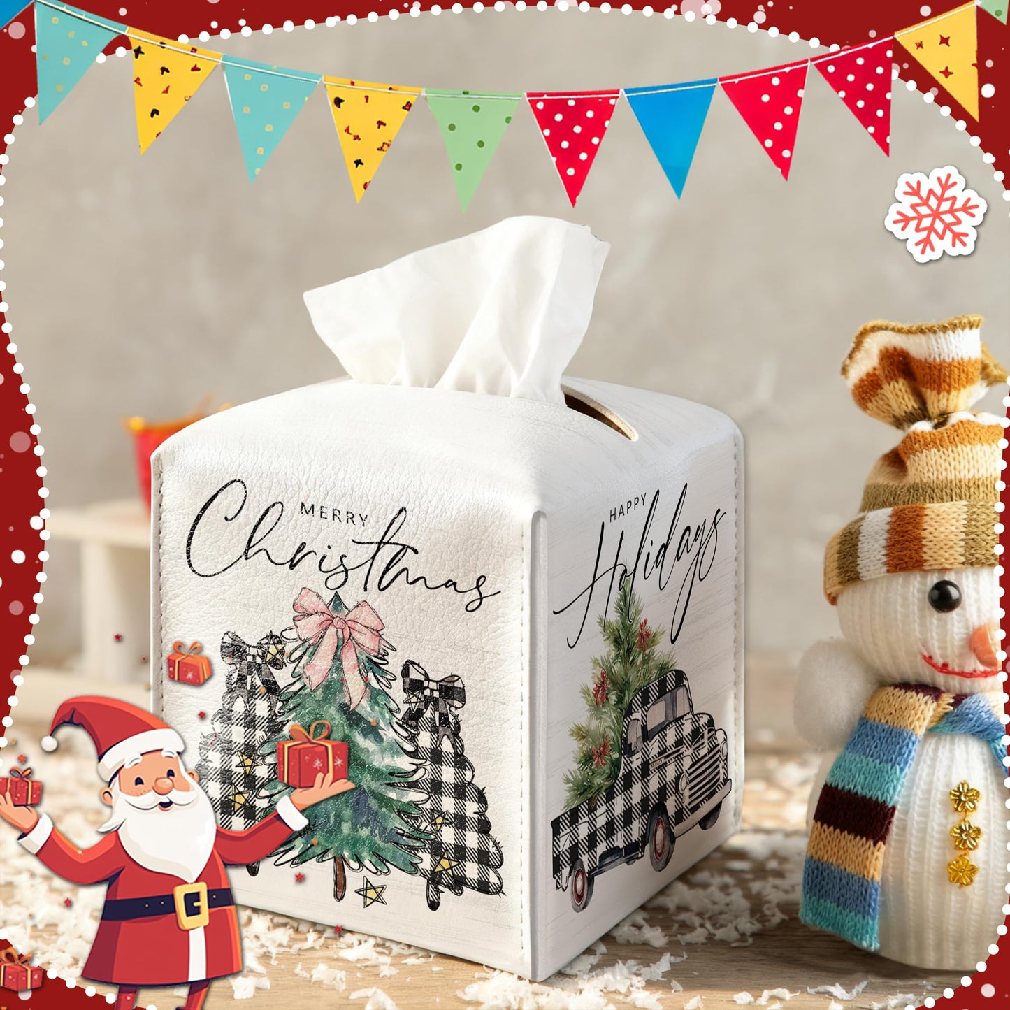 Christmas Box Cover Square, Buffalo Plaid Truck Trees Decorative Tissue Box Holder, Waterproof Leather Tissues Boxes Dispenser for Bathroom, Bedroom Nightstand, Office, Car Home Decor