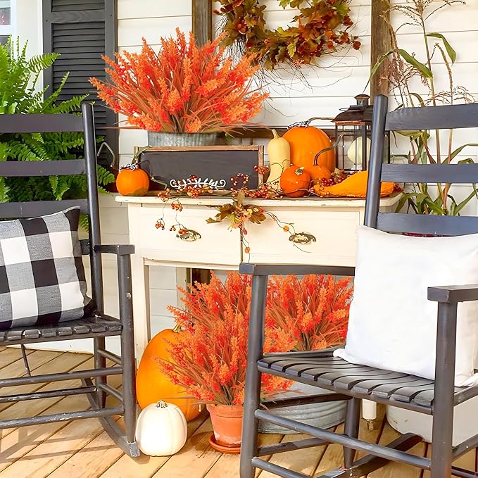 36 Bundles Artificial Fall Flowers Outdoors Fake Fall Lavender Flowers UV Resistant No Fade Plastic Faux Fall Plants for Indoor Home Porch Autumn Thanksgiving Fall Decorations (Orange)