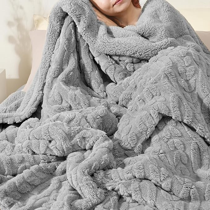 PHF Fluffy Sherpa Blanket Twin Size for Winter, Warm and Soft, 510GSM 3D Jacquard Thick Shaggy Fleece Plush Blanket for Sofa Bed, Grey, 60"x80"