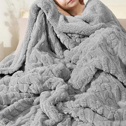 PHF Fluffy Sherpa Blanket Queen Size for Winter, Warm and Soft, 510GSM 3D Jacquard Thick Shaggy Fleece Plush Blanket for Sofa Bed, Grey, 90"x90"