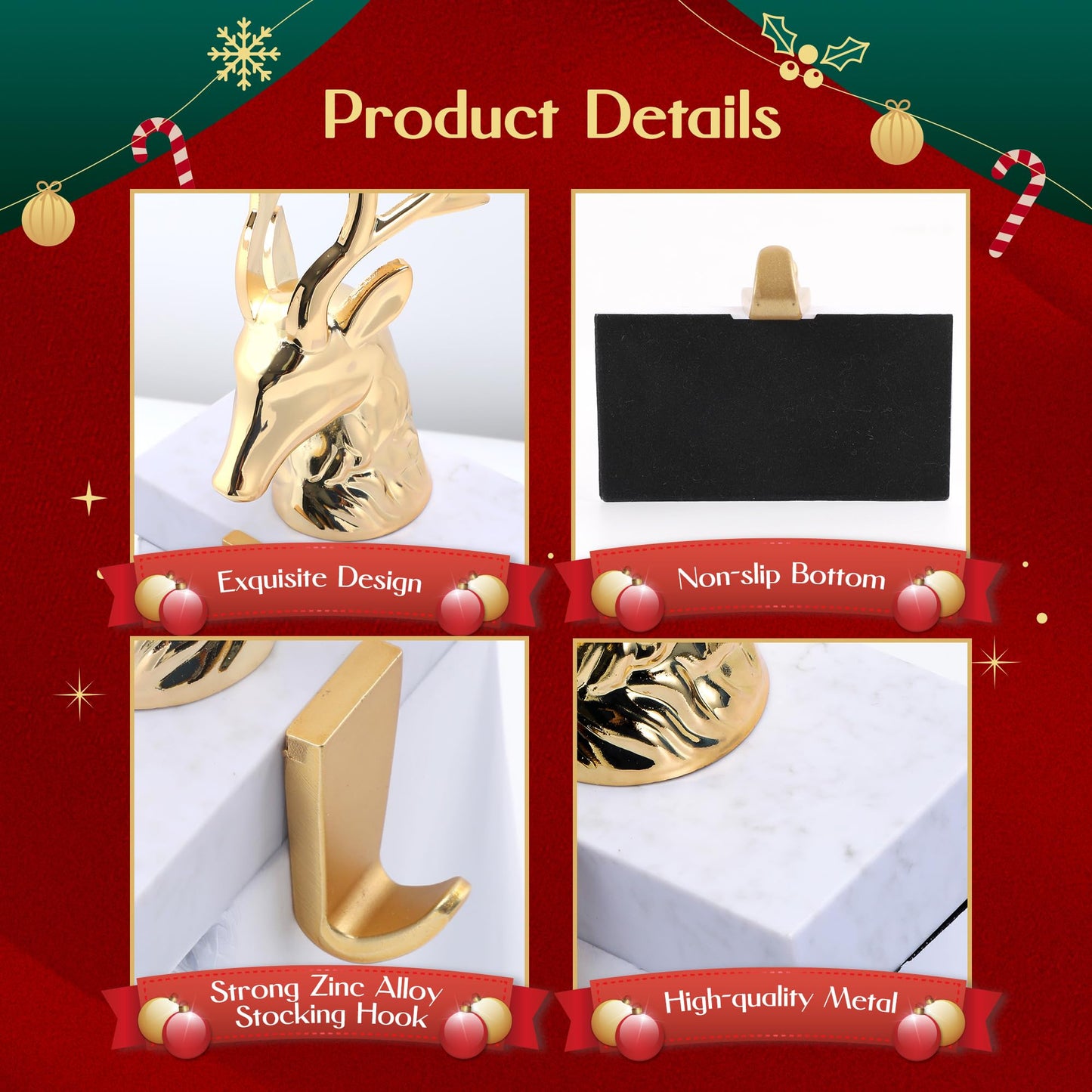Komiikka Christmas Stocking Holders for Mantle Set of 2, Reindeer Metal Mantel Stockings Hangers Hooks for Xmas Shelf Fireplace Toppers Decorations (Chrome Gold)