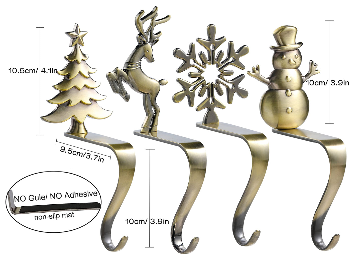 NIGHT-GRING Christmas Stocking Holder - Set of 4 Stocking Hangers Snowman Santa Snowflakes Christmas Tree Deer Stocking Hooks for Fireplace, Shelf, Staircases