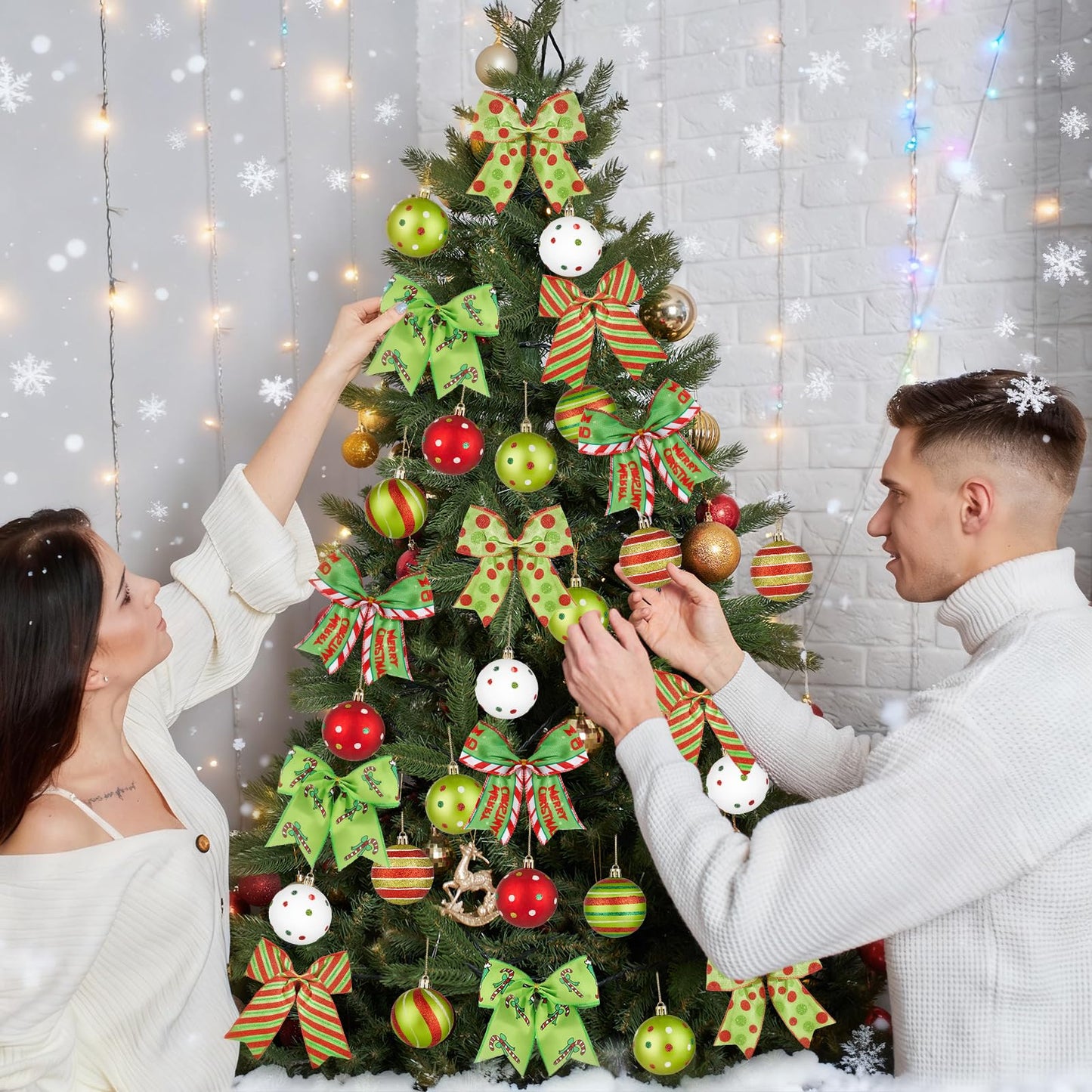 24 Pcs Red Green Christmas Tree Ornaments Set Large Wreath Bows and Red Green Glittering Christmas Ball Ornaments Swirl Candy Cane Peppermint Elf Hanging Decorations for Xmas Holiday Party Home Decor