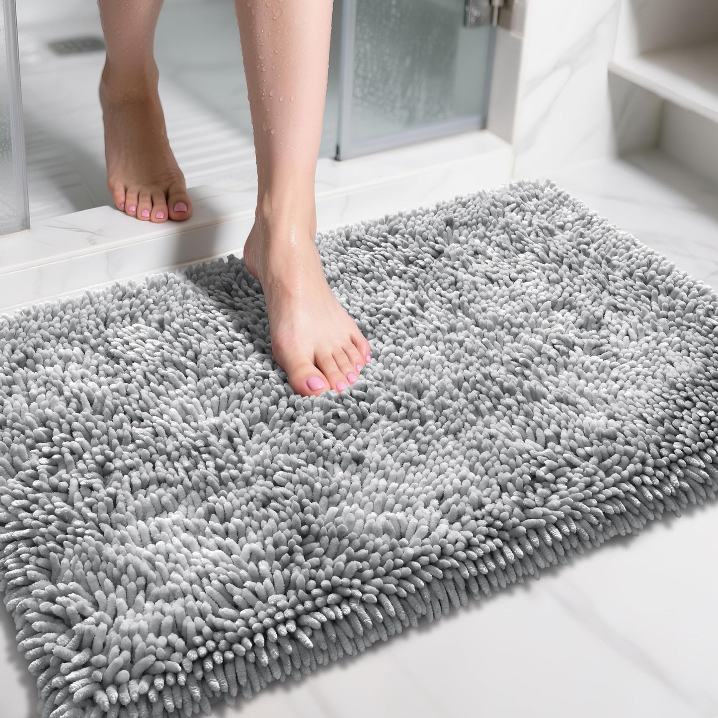 Yimobra Large Bathroom Rug Non Slip 36x24 Inch, Extra Thick Soft Absorbent Chenille Bath Mat, Machine Washable Bath Rugs for Bathroom Floor, Tub and Shower, Home Decor Accessories, Light Grey