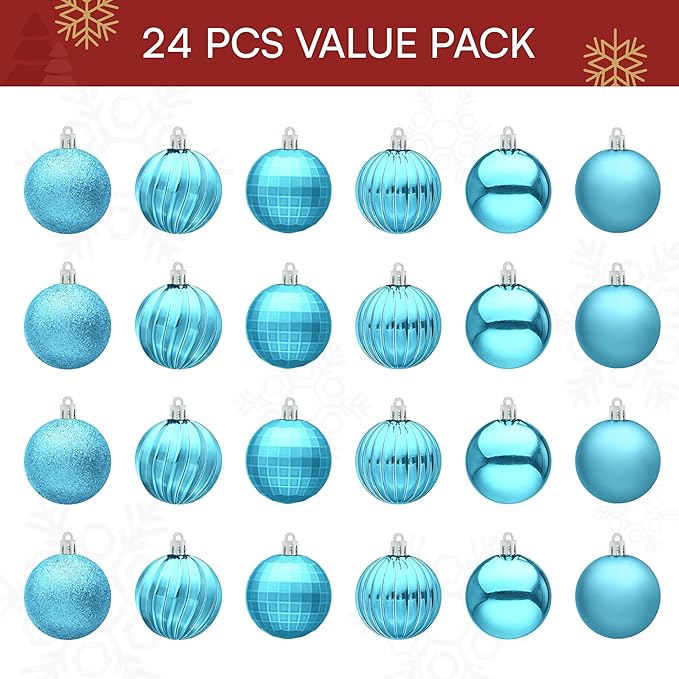 JOIEDOMI 24 Pcs Baby Blue Christmas Tree Ornaments Set, 2.36" Shatterproof Christmas Balls, Xmas Hanging Ornaments Decorations for Tree Wreath Garland Holiday Wedding Indoor Party Decor