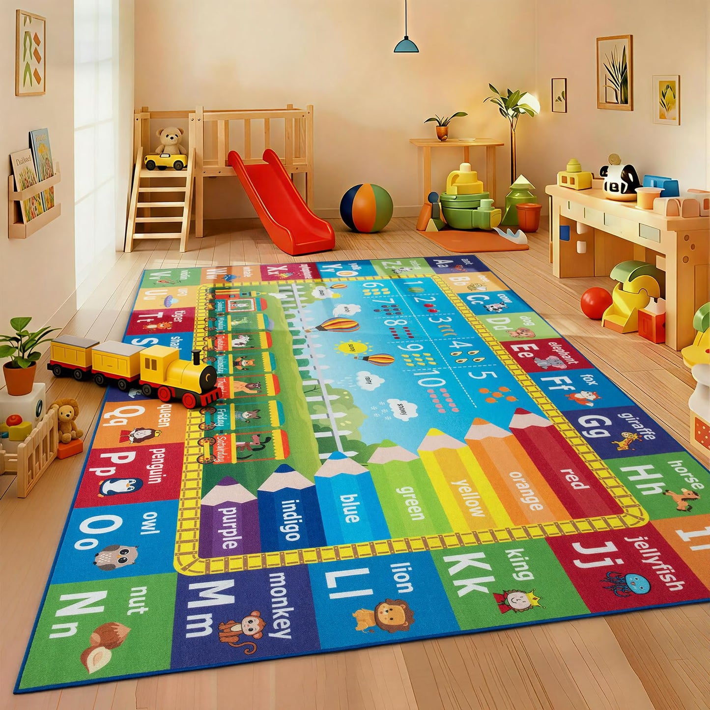 ST. BRIDGE Educational Kids Area Rug 6x9 Feet, Non Slip Play Mat Learning with ABC Alphabet, Numbers & Animals for Preschool Toddler, Soft Washable Carpet for Playroom Nursery Classroom Bedroom