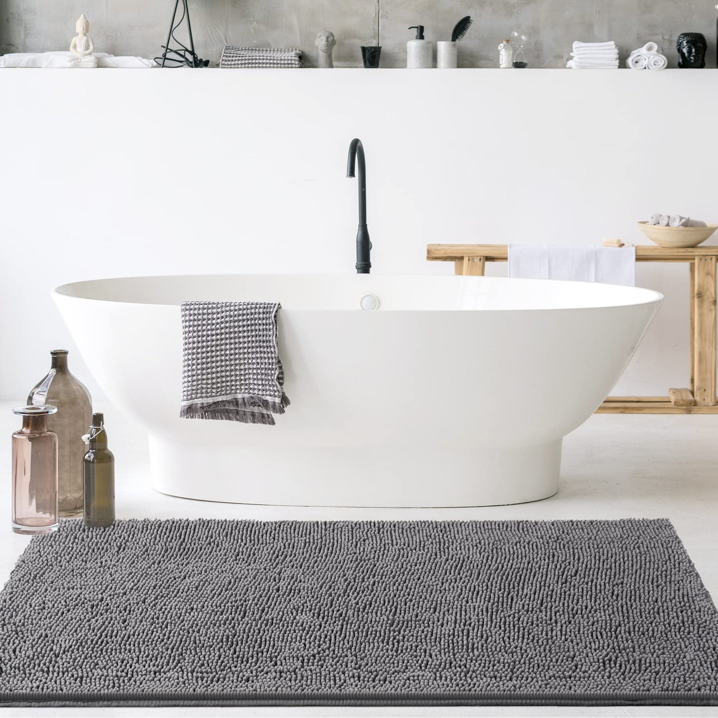 Noahas 24''x 60'' Grey Long Bathroom Rugs Runner,Absorbent Bath Mats for Bathroom Non-Slip with Rubber Backing,Soft Washable Carpet,Plush Chenille Shower Mats Shaggy Durable Bath Rugs
