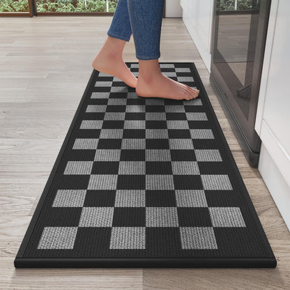 YDKGL Kitchen Mats for Floor Kitchen Rugs Non Slip Washable, Super Absorbent Linen-Look Woven Runner Rug, Kitchen Sink Mat Standing Mat, Black Gray Checkered 17"x47"