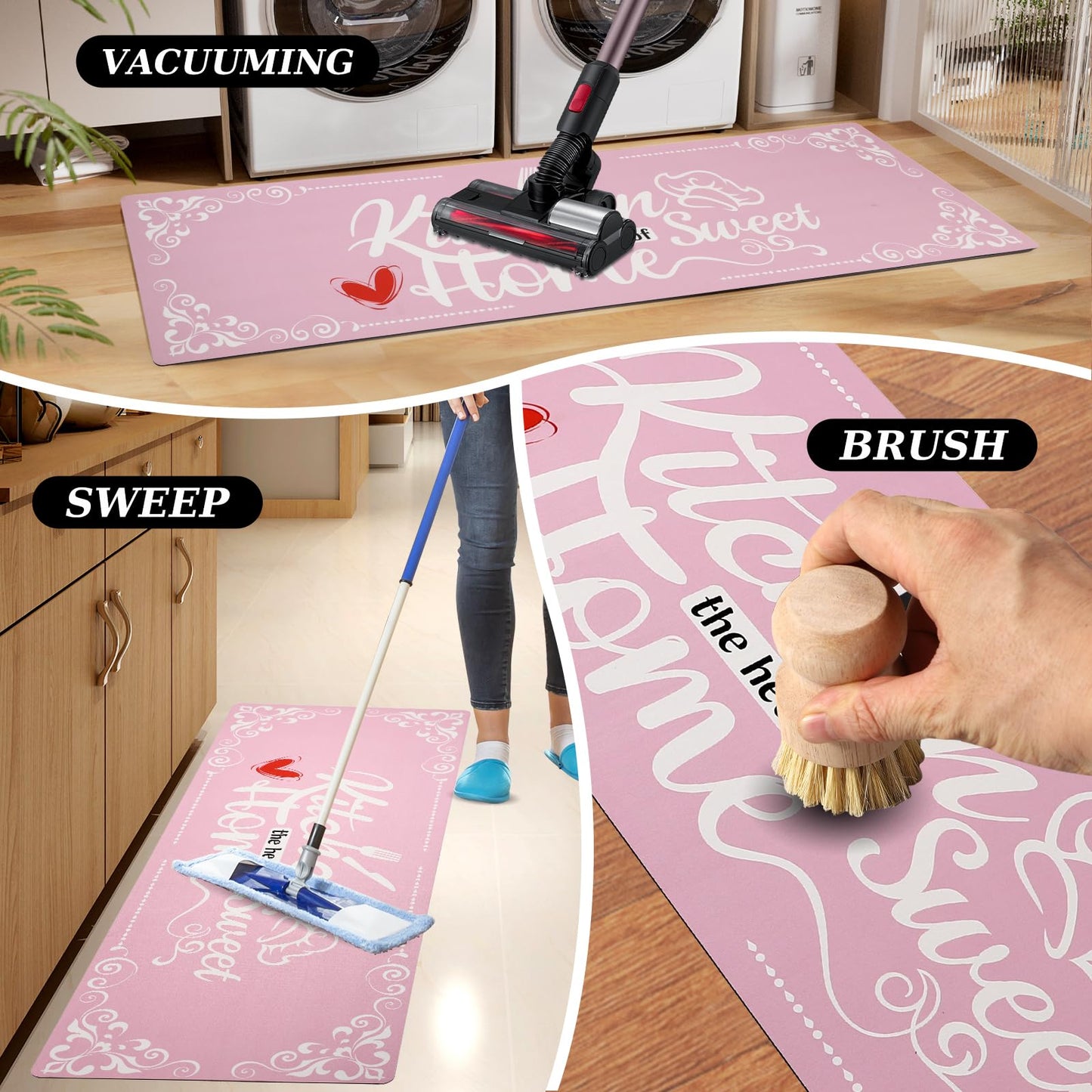 XLHOMO Pink Kitchen Mats for Floor 3 Pieces Set, Non Slip Cushioned Runners Waterproof Comfort Kitchen Rugs and Mats Farmhouse Chef Mat Carpet for Sink,Laundry Room