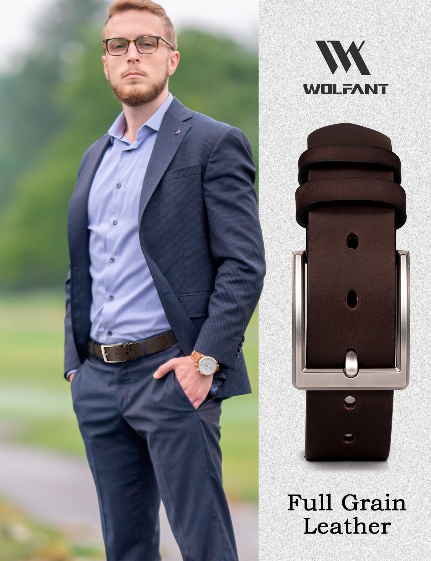 WOLFANT Men's 1.5" Full Grain Leather Belt,100% Italian Real Solid Leather