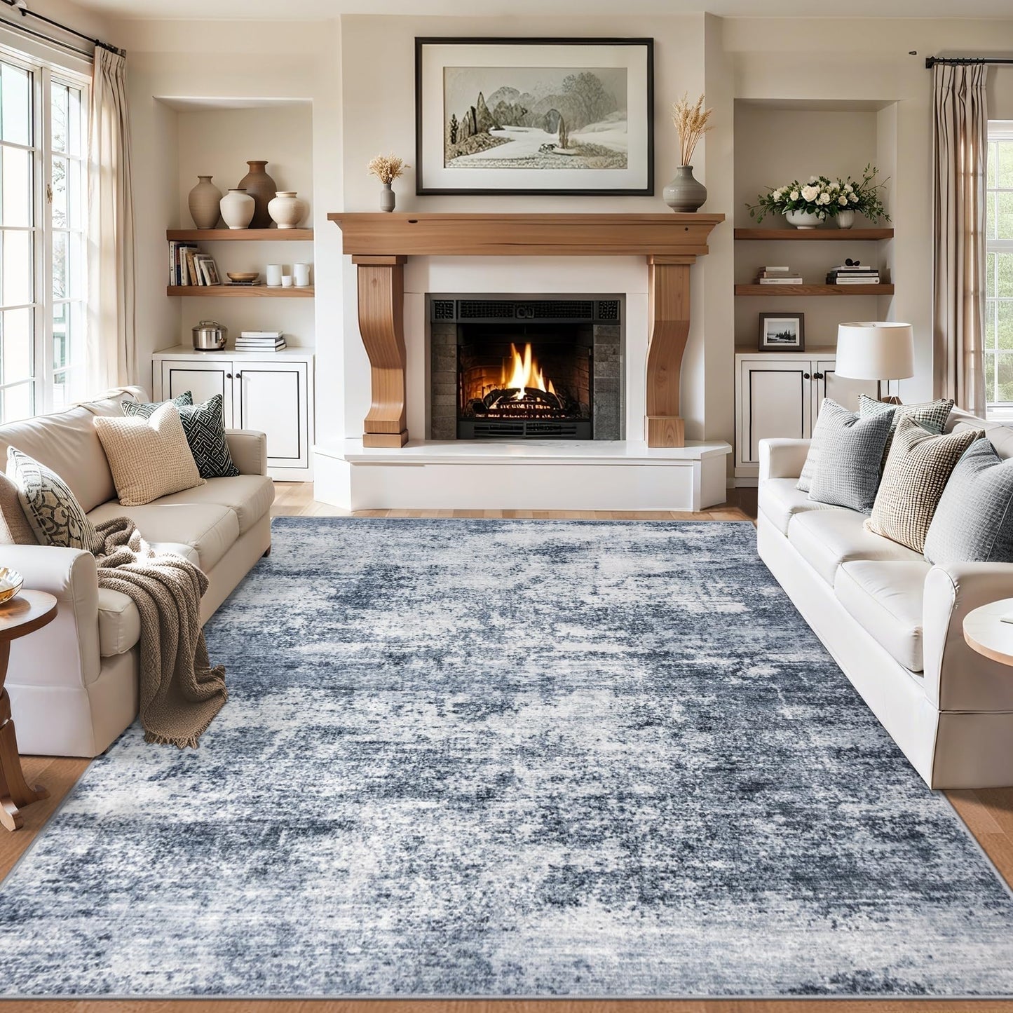8x10 Area Rugs for Living Room - Washable Rug Modern Abstract Soft Large Neutral Non-Slip Carpet Indoor Floor Thin Carpets for Bedroom Dining Room Farmhouse Nursery Home Office Grey Blue