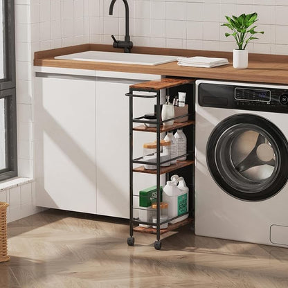 Slim Rolling Cart, 4-Tier Kitchen Storage Rolling Cart, Narrow Cart with Handle, Mobile Utility Cart for Small Space, Shelving Unit for Kitchen, Dining Room, Living Room, Home Office, Laundry Room