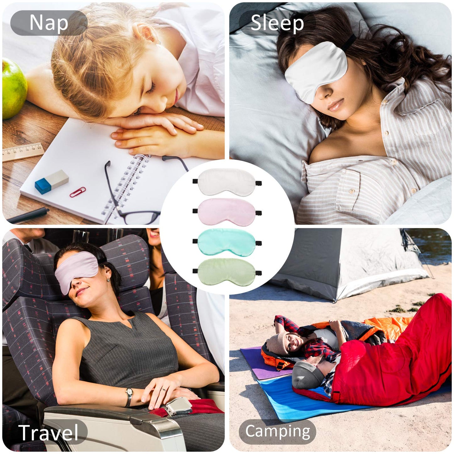 BBTO 4 Pcs Silk Sleep Eye Masks Smooth Soft Satin Eye Covers with Adjustable Strap Blindfold for Sleeping Blocking Out Lights Travel Relaxation (Royal Blue, Dark Green, Navy Blue, Black)