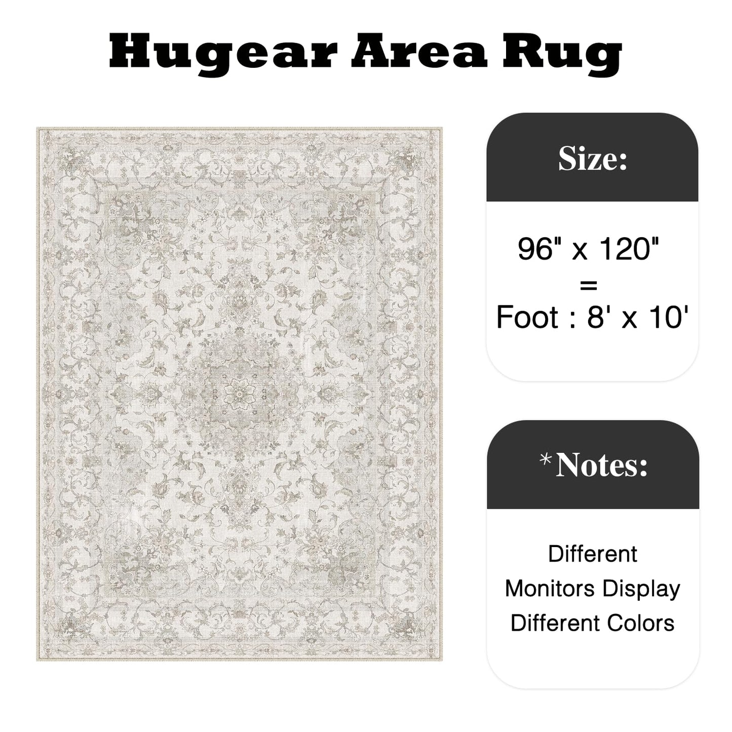 HUGEAR Area Rug 8x10 Vintage Beige Machine Washable Living Room Rugs Thin Neutral Floral Vacuumable Low Pile Carpet Bedroom Office Dining Room Laundry Room Non Slip Soft Lightweight